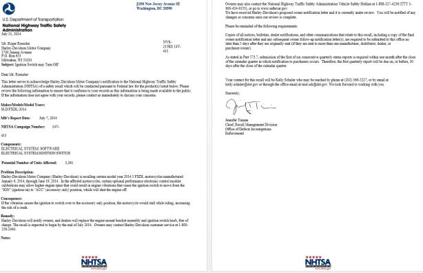 motorcycle recall, dyna, fxdl, 2014