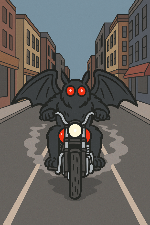 ijustwant2ride
Illustration of Mothman riding a red motorcycle down a foggy urban street, with buildings on both sides. Cryptid biker with glowing red eyes and bat-like wings symbolizes mysterious road adventures. Perfect for motorcycle blog content about urban rides, legends, and local flavor.