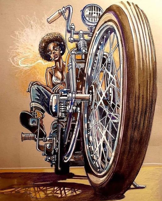 Original motorcycle poster artwork blending custom bike design with bold color palette