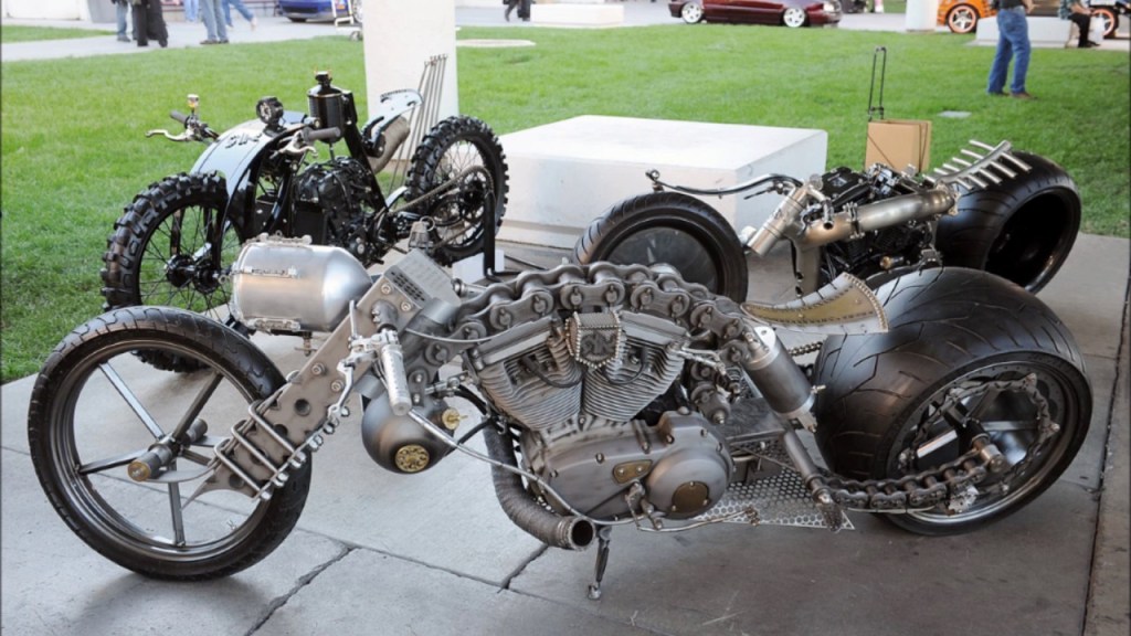 Motorcycle with artistic, hand-painted bodywork and sculptural elements, featured among the strangest motorcycles of 202