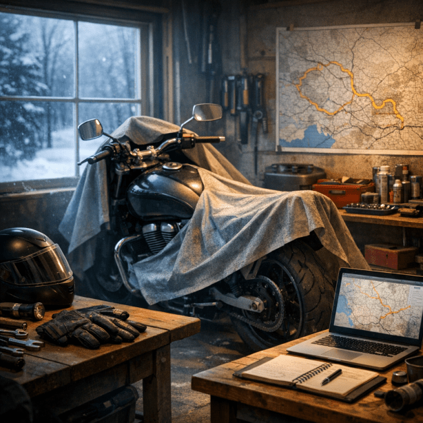 Motorcycle stored in a garage during winter with riding gear and trip planning tools nearby