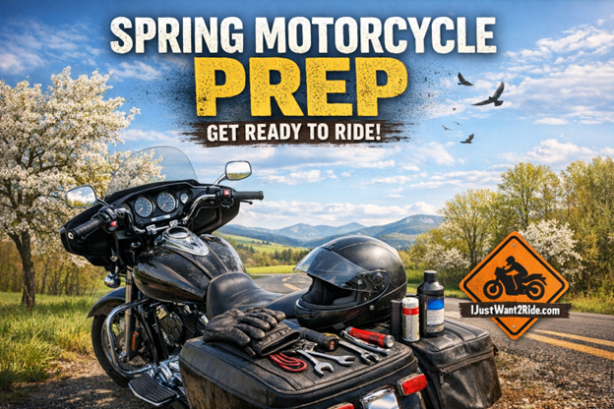 Spring motorcycle riding prep checklist with bike and riding gear