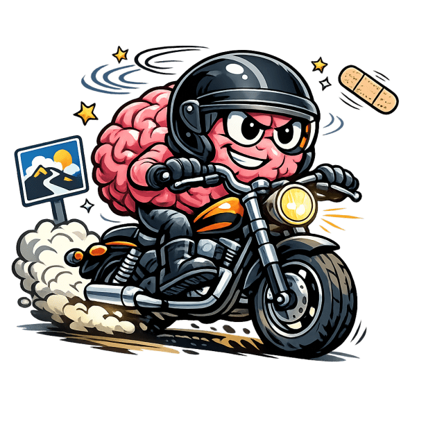 Cartoon clip art of a brain riding a motorcycle, wearing a helmet, representing concussion recovery, mental health awareness, and getting back to riding after injury
